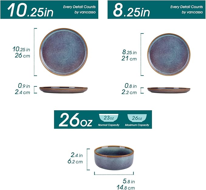 vancasso PLAYA Plates and Bowls Sets, 24 Pieces Grey-Blue Dinnerware Sets