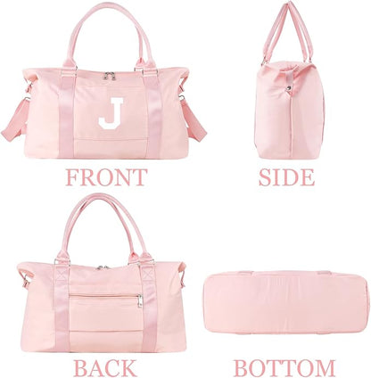 Initial Travel Duffel Bag Sports Gym Bag for Girls Teen Birthday Gifts,Pink Personalized Weekender Bag Carry On Tote Bags for Women Men,Waterproof Overnight Luggage Bag with Trolley Sleeve(Letter J)