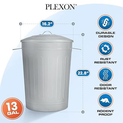 Plexon Round Trash Can 13 Gallon, Vintage Metal Outdoor Trash Can with Lid, Retro Farmhouse Garbage Container, Old School Modern Ash Bucket, Gray 3 Pack