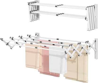 APEXCHASER Wall Mounted Clothes Drying Rack, Laundry Drying Rack Retractable, Towel Racks Wall Mounted for Bathroom Balcony Laundry Room Indoor, Foldable Accordion Dryer Rack for Clothing, White