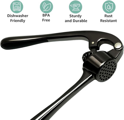 GD Black Garlic Press Crusher Mincer Tool - Stainless Steel Garlic Press, Dishwasher Safe & Rust Proof, Easy-Squeeze Garlic Crusher with Ergonomic Handle - Includes Silicone Peeler & Brush (Black)