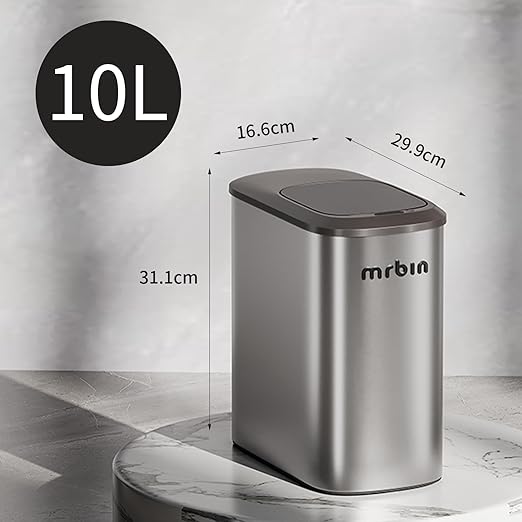 MRBIN Stainless Steel Motion Sensor Bathroom Trash Can, 10L / 2.6gal Slim Smart Toilet Waste Basket with Lid, Automatic Touchless Kitchen Bucket for Narrow Restroom, Vanity, Rv, Eclipse Grey