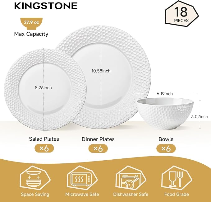 18Pcs Hammered Rim White Bone China Set, Service