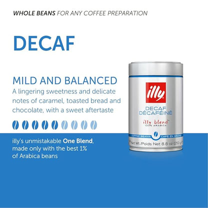 Illy Whole Bean Coffee, Decaffeinated - Medium Roast - Mild & Balanced - 100% Arabica - Whole Beans - Pressurized Packaging Sealed for Freshness - 8.8oz can (Pack of 6)