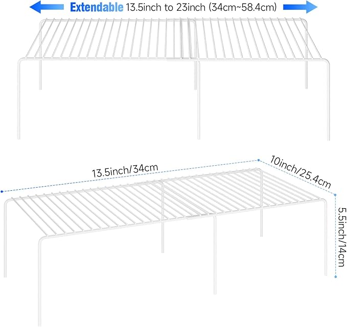 Expandable Storage Shelf, Pantry Organizers and Storage, Adjustable Rustproof Metal Wire Spice Rack, Space Saver Kitchen Storage Shelves for Pan, Pot, Countertop, Drawer, Fridge, Set of 2, White