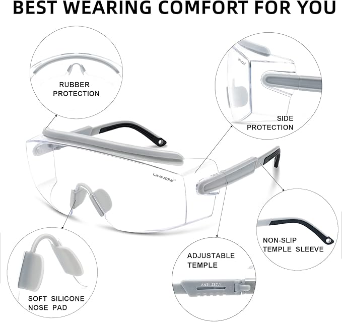 UKNOW Safety Goggles Over Glasses, Safety Glasses Anti Fog Wraparound Eye Protection, Protective Eyewear ANSI Z87.1
