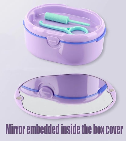 MURRI&MURRDI Retainer Case, Denture Bath Box with Strainer Basket, Mouth Guard Case Purple Braces Cleaner Cup, Cute Denture Holder Retainer Storage Soak Container for Travel (D Purple)