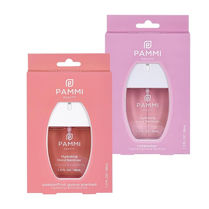 PAMMI Power Mist Hydrating Hand Sanitizer Spray, Portable Travel Size Pocket Hand Sanitizer, Scented Handsanitizer Mini Spray For Car - 600 Sprays (2 Packs (Rose and Guava))