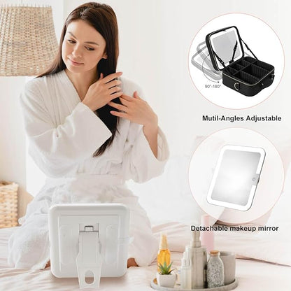 Mocado Travel Makeup Bag with LED Lighted Mirror,Travel Makeup Organizer,Makeup Case with 8 Makeup Brushes and 10x Magnifying Mirror,3 Colors Lighting, Adjustable Dividers Makeup Box(Black)