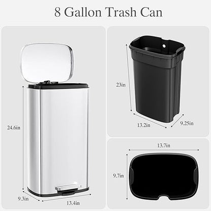 AthLike Trash Can, Stainless Steel Kitchen Garbage Can, Step Waste Bin with Hinged Lid and Removable Inner Bucket, Soft-Close, Dustbin for Bathroom Bedroom Living Room Home (Silver, 8 Gal)