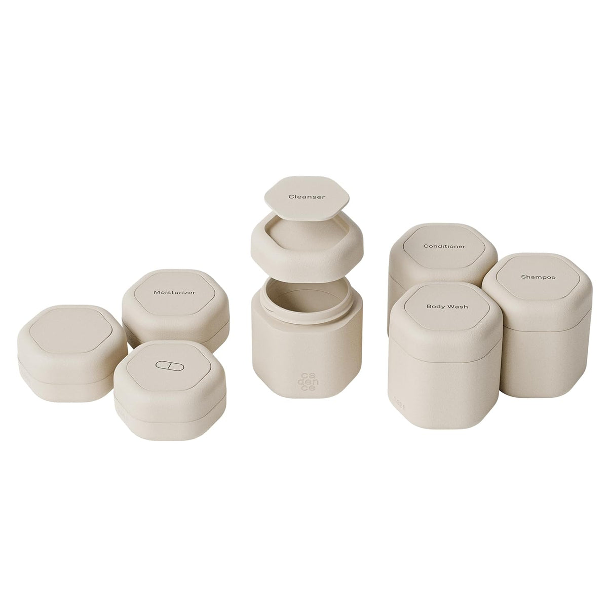 Cadence Travel Containers - Daily Routine Capsule Set - Magnetic Containers with Lids,4 Flex Mediums (1.32oz) & 3 Flex Smalls (0.56oz) - Shampoo, Conditioner, Body Wash, Pills, & More - Sand