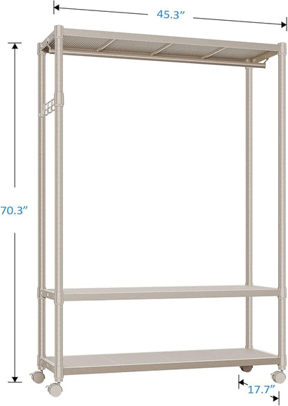 IZEUK Heavy Duty Rolling Garment Rack Wire Clothes Rack for Hanging Clothes, Metal Freestanding Closet Wardrobe Rack with Double Rods and Side Hooks Gold 17.7" D x 45.3" W x 70.3" H