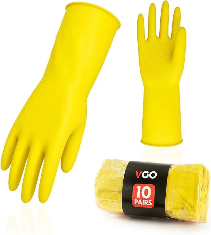 Vgo... 10-Pairs Reusable Household Gloves, Rubber Dishwashing gloves, Extra Thickness, Long Sleeves, Kitchen Cleaning, Working, Painting, Gardening, Pet Care (Size S, Yellow, HH4601)