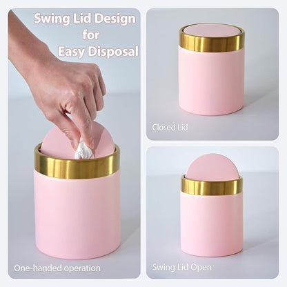 Mini Trash Can with Lid, Metal Small Tiny Mini Trash Bin Can, Mini Countertop Trash Cans for Desk Car Office Kitchen, Swing Top Trash Bin 1.5 L/0.40 Gal (Pink)