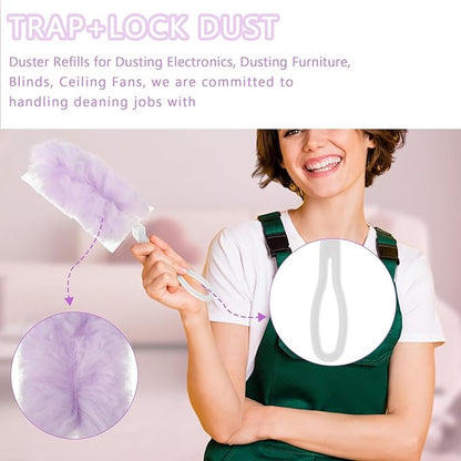 Duster Refills Compatible with Swiffer Duster, Heavy Duty Multi Surface Duster Replacement with 1 Extra Handle for Cleaning Furniture, Blinds, Ceiling Fans and Car (Purple-50Pack)