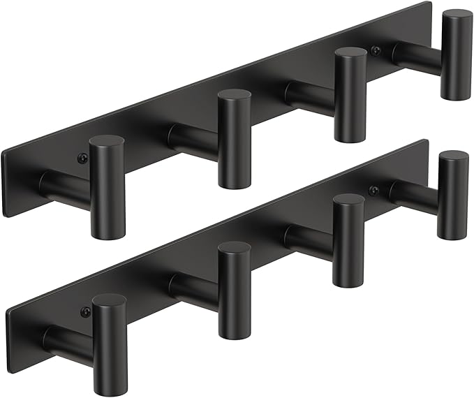 PMMASTO Coat Rack Wall Mounted, 4 "T Shaped Wall Hooks for Hanging, Heavy Duty Stainless Steel Coat Hook Rail for Hat Towel Robes in Bathroom Kitchen Mudroom Entryway (Black, 2PC)
