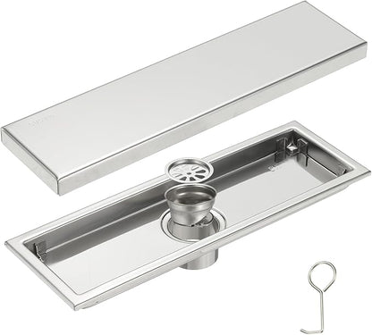 uxcell Rectangular Shower Drain, Brushed 304 Stainless Steel Odor-Proof Floor Drain Linear Shower Drain Hair Catcher for Bathroom Kitchen and Laundry Room(12 Inch, Bright Silver)