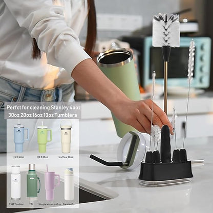 ALINK 5 Pack Water Bottle Brush Cleaning Set with Holder, Bottle Cleaner with Stand, Straw Nipple Lid Brush for Stanley 40OZ/30OZ Tumblers, Drinking Glass, Baby Bottles, Jugs - Black