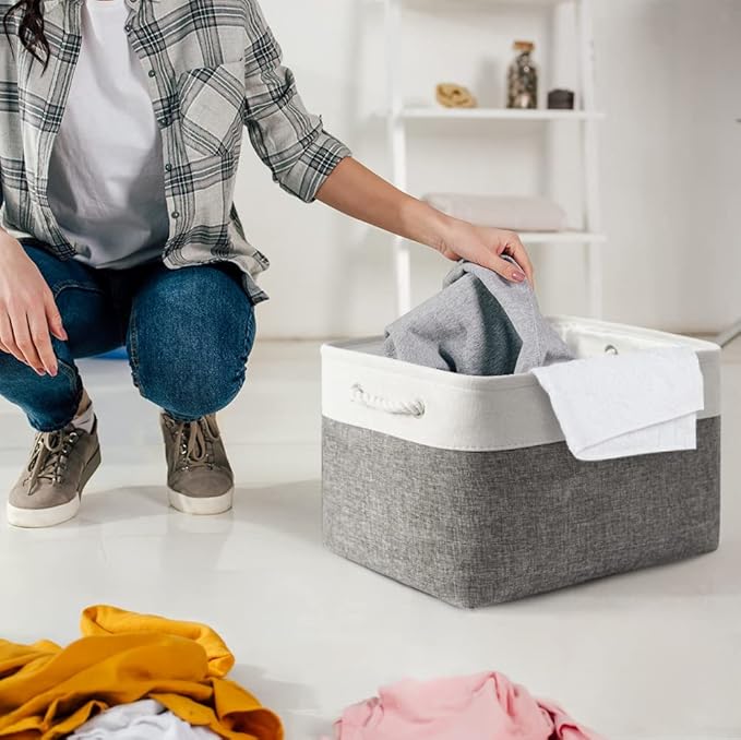Storage Basket for Shelves - 17X15X12 inch 2 Pack Fabric Cube Storage Bin Collapsible Baskets for Organizing with Rope, Storage Box for Cloth Decorative (White & Grey)