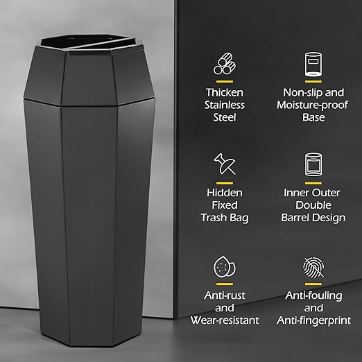 Dyna-Living Commercial Heavy-Duty Trash Cans Outdoor Garbage Can with Lid Large Trash Cans with Inside Cabinet for Patio, Black Stainless Steel Garbage Can Commercial Indoor Trash Bin for Lobby