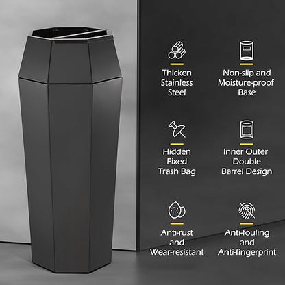 Dyna-Living Commercial Heavy-Duty Trash Cans Outdoor Garbage Can with Lid Large Trash Cans with Inside Cabinet for Patio, Black Stainless Steel Garbage Can Commercial Indoor Trash Bin for Lobby