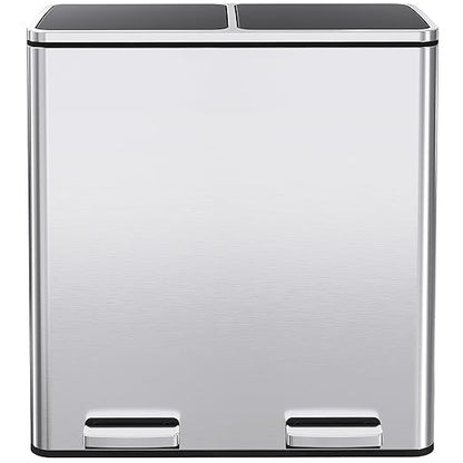 AthLike 60L(16 Gal) Dual Trash Can, Stainless Steel Kitchen Garbage Can, Double Compartment Classified Rubbish Bin, Recycle Dustbin w/Plastic Inner Buckets, Soft-Close Lid, Airtight, Silver