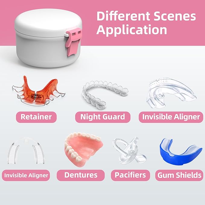BVN Leak-Proof Denture Bath Cup for Travel, Denture Cup for Soak Dentures, Retainer Cleaning Case with Strainer (White + Pink)