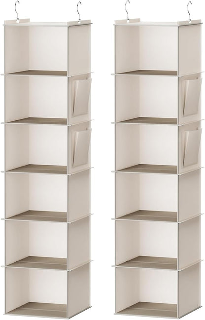 YOUDENOVA Hanging Closet Organizer, 6-Shelf Closet Hanging Storage Shelves, 2 Packs, Beige
