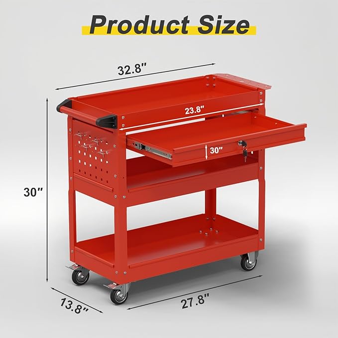 3-Tier Rolling Tool Cart with Drawers, Heavy Duty Utility Storage Cart with pegboard, Lockable Metal Tool Chest on Wheels for Garage, Warehouse & Repair Shop