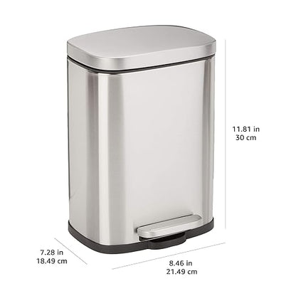 Amazon Basics Smudge Resistant Mini Rectangular Trash Can With Soft-Close Foot Pedal, Brushed Stainless Steel, for Bathroom & small space, 5 L /1.32 Gal, Satin Nickel Finish, 7.3x8.5 x11.8 in (LxWxH)