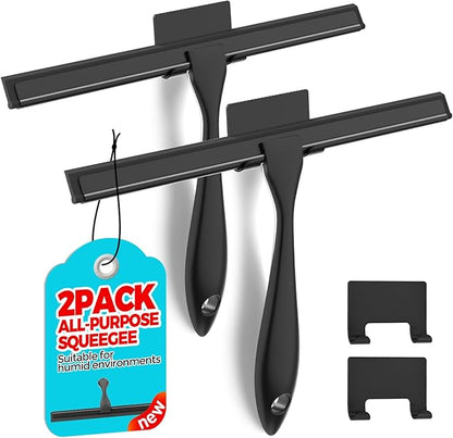 2PACK 12-Inch All-Purpose Shower Squeegee for Shower Doors, Bath Linen Sets, Tile Shower Walls, Bathroom, Window, Glass and Car Windshield, Mirrors and Kitchen-Stainless Steel, Black