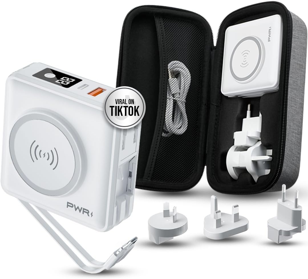 PWR Travel PRO 5-in-1 Power Bank with Case Included – 10,000mAh with Built-in Cables – 20W USB-C + 15W Wireless Charging – Compact Portable Charger for iPhone & Android - White