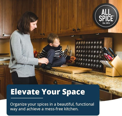AllSpice Spice Rack Organizer, Wood, 525 Unique Labels, Countertop or Wall Mount, Includes 30 4oz Jars- Walnut Stain