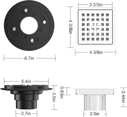 4-3/8 Inch Square Shower Drain Chrome, Bathroom Floor Drain, Stainless Steel Drain Kit with ABS Flange, Removable Grid Cover, Hair Strainer