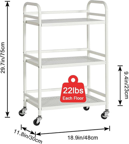 HDANI 3 Tier Rolling Cart,Heavy Duty Multifunctional Metal Frame-Supports 22 Lbs Per Tier,Rolling Cart with 2 Lockable Wheels for Office,Home,Bedroom,Kitchen,Bathroom (White)…