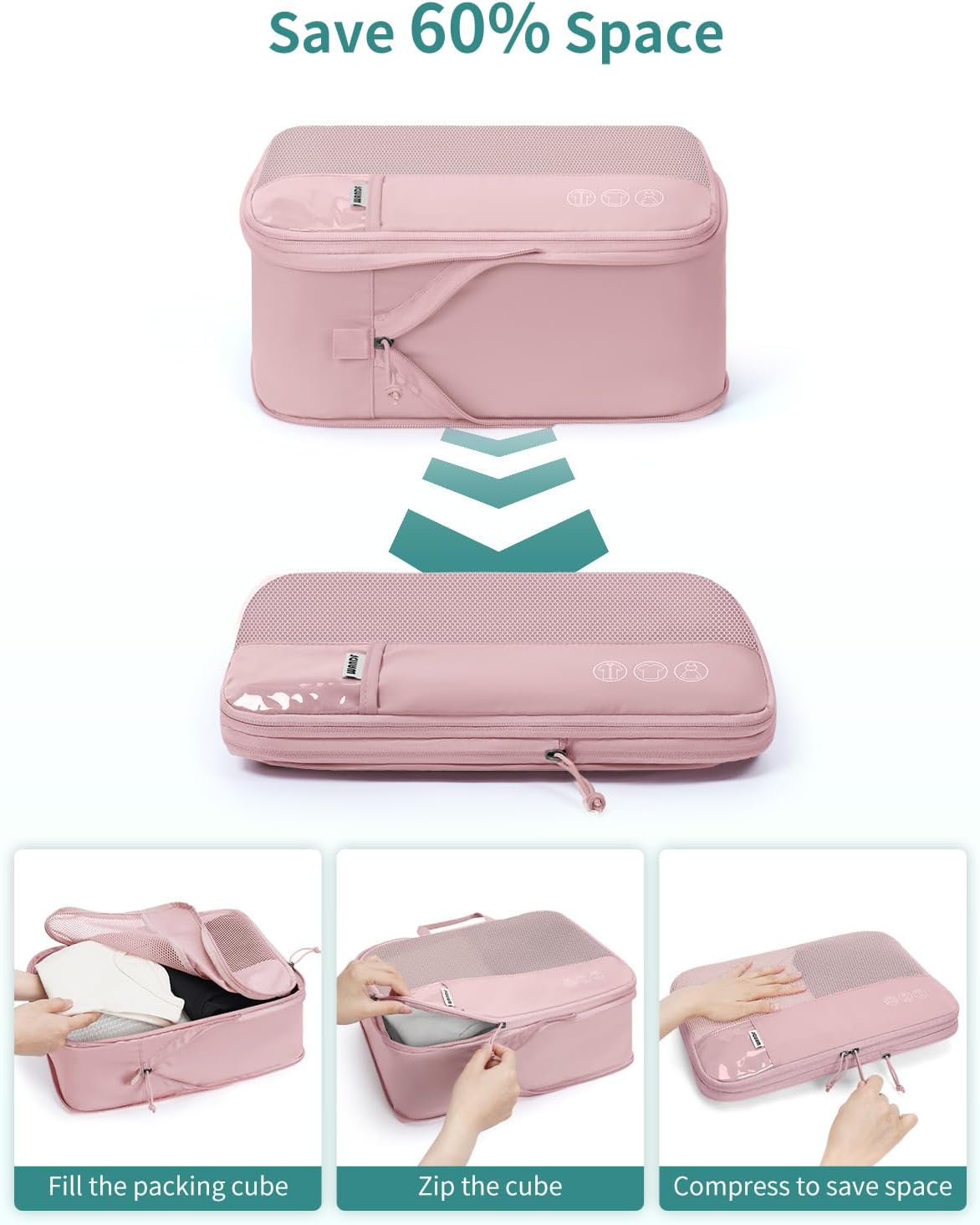 WANDF 7 Set Compression Packing Cubes for Travel, Shirt Folder for Wrinkle-Free, Suitcase Organizer Bags Set for Carry-On Checked Luggage Duffle Bag Women Men(Pink)