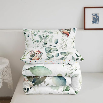 Erosebridal Cartoon Animal Toddler Size Comforter Set for Kids Toddler Kawaii Parrot Bedding Set, Wild Bird Down Comforter Cute Wildlife Bed Set, Botanical Green Eucalyptus Quilted Duvet
