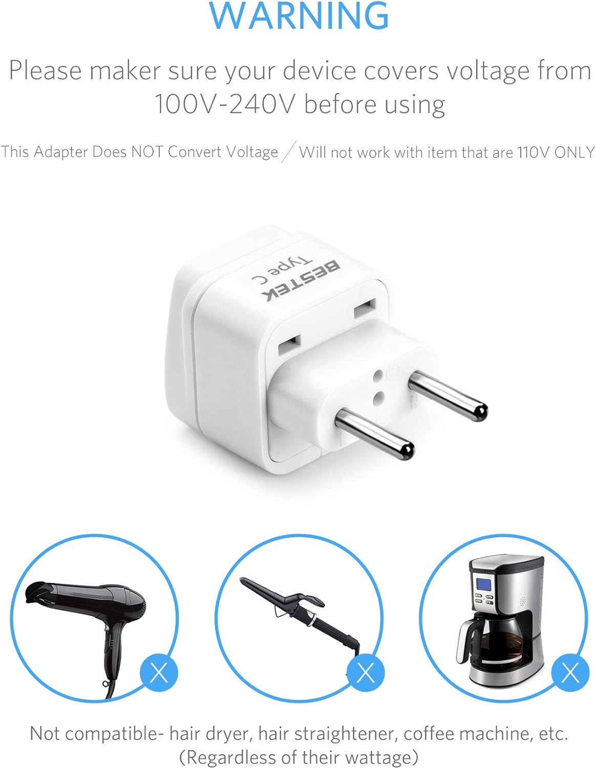 BESTEK European Travel Plug, Grounded Universal Power Plug for USA to Type C Countries, Italy, Switzerland, Iceland, France, Germany, Spain and Most of Europe EU, Asia, 3 Pack