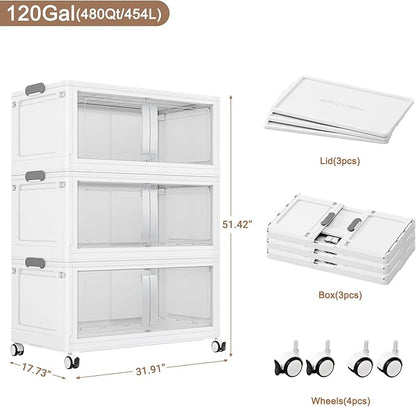 BROVIEW 480QT Stackable Storage Bins with Lids, 120Gal Extra Large Collapsible Storage Box with Wheel, Plastic Storages with Clear Door Open Front for Home Kitchen Garage, White-3pack(3 lids)