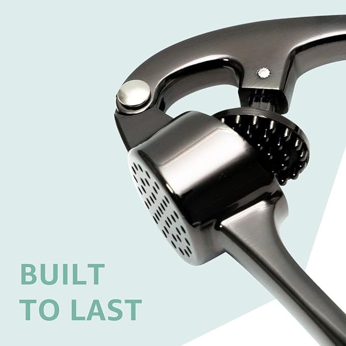 GD Black Garlic Press Crusher Mincer Tool - Stainless Steel Garlic Press, Dishwasher Safe & Rust Proof, Easy-Squeeze Garlic Crusher with Ergonomic Handle - Includes Silicone Peeler & Brush (Black)