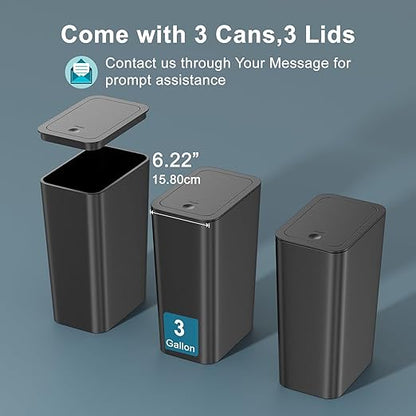 N. NETDOT 3 Pack Small Trash Can with lid, 3 Gallon Bathroom Trash Can,Garbage Can Slim Trash Bin Waste Basket for Bathroom,Kitchen,Bedroom,Living Room,Office,Laundry - Black