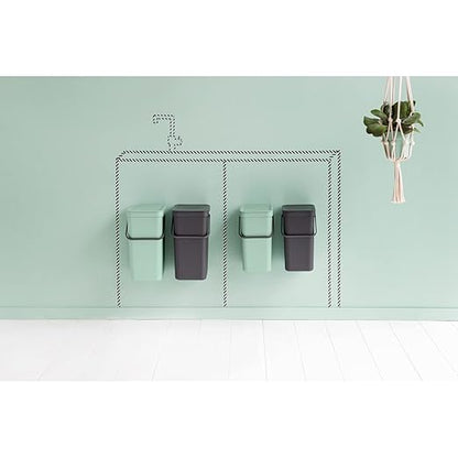 Brabantia Sort & Go Built-in Cupboard Recycling Cans (2 x 4.2 Gal/Dark Gray & Jade Green) Double Door Mounted Trash Organisers with Handles & Removable Lids