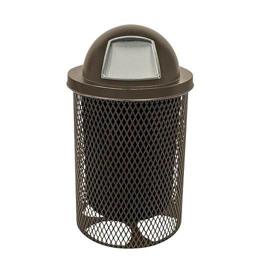 COATEDOUTDOORFURNITURE RDT-TXTBRW Heavy Duty 32 Gallon Round Trash Receptacle, Liner Included, Textured Brown with Textured Brown Steel Dome Top, Made in America