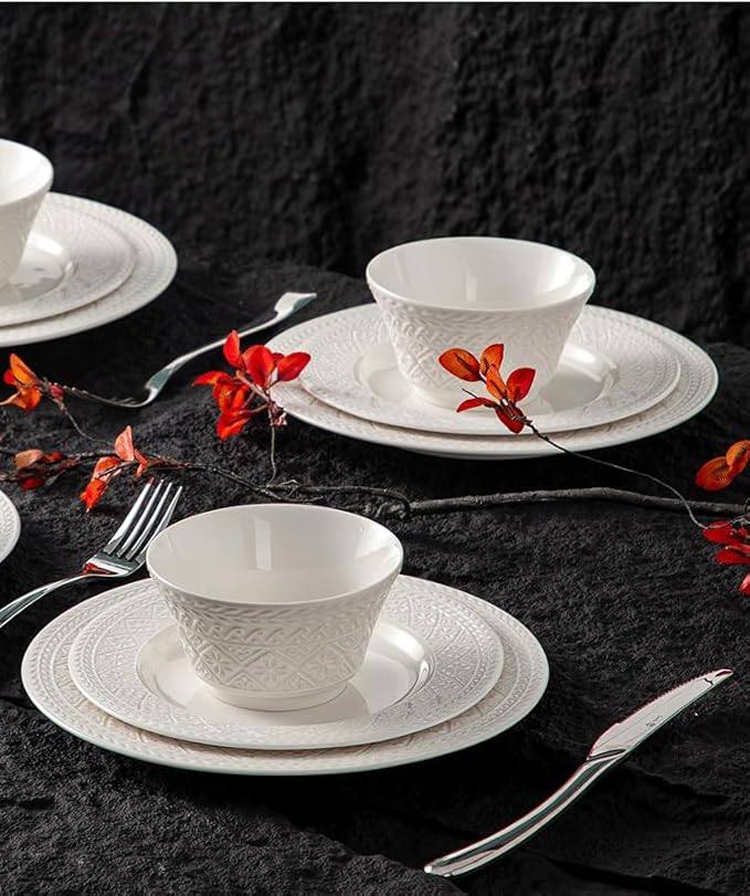 4-piece set, embossed design plate and bowl set, microwave and dishwasher