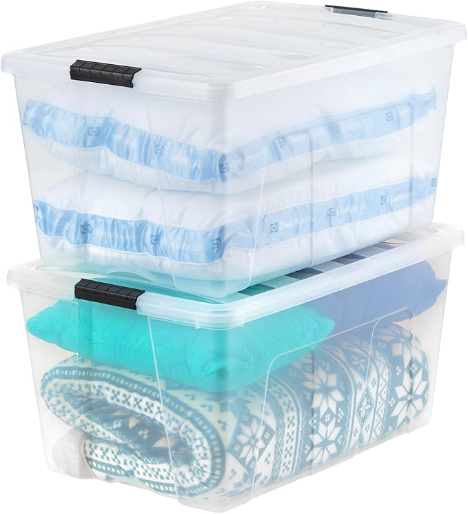 IRIS USA 94 Qt Stackable Plastic Storage Bins with Lids, 2 Pack - BPA-Free, Made in USA - See-Through Organizing Solution, Latches, Durable Nestable Containers, Secure Pull Handle - Clear