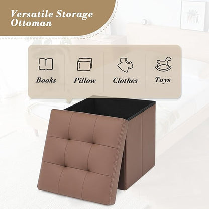 Athena Collection 15" Storage Ottoman Bench Folding Bench with 40L Hidden Storage, Small Cube Ottoman PU Leather Foot Rest Stool Chest with Flipping Lid for Living Room, Bedroom, Entryway, Brown