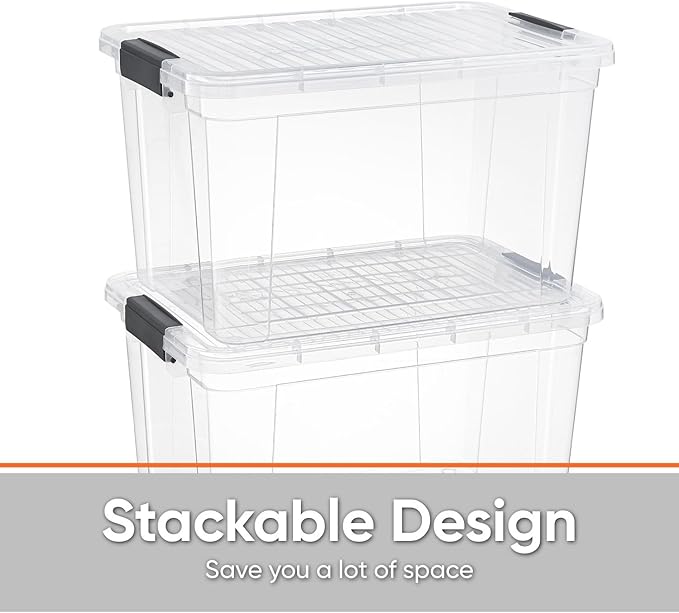 Superio Storage Bins with Lids- 4 Pack, 4.75 Qt Clear Boxes for Organizing, Stackable Plastic Containers- BPA Free, Non-Toxic, Odor Free, Organizer for Home, Office, Dorm