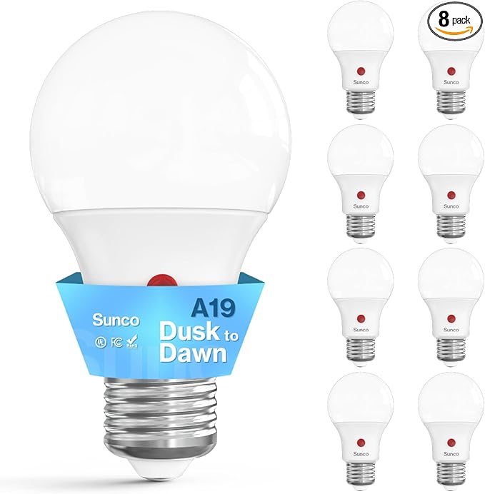 Sunco 8 Pack Dusk to Dawn LED Outdoor Light Bulb A19, Photocell Automatic for Exterior Lighting, 800 LM, 9W (60W Eqv.), 3000K Warm White, Auto On/Off Sensor, IP65 Rated UL