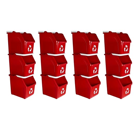 6 Gallon Stackable Recycling Bins for Homes, Garages, Offices Made of 100% Recycled Plastic - (Red, 12 Pack)