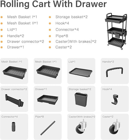3 Tier Rolling Cart Organizer,Laundry Room Bathroom Organizers and Storage Office Shelves Mobile Shelving Unit Kitchen Trolley Cart with Wheels for Art,Craft,Diaper,Bedside,Snack(Black)